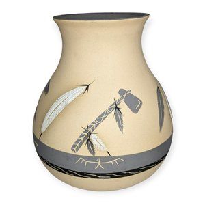 Vintage Artist Grey Feather Ceramic Desert Pueblo Hand Painted Stoneware Vase